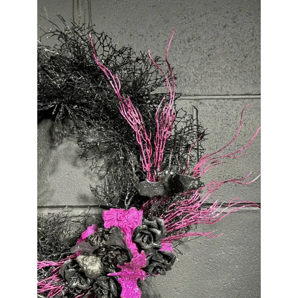 Halloween Wreath Black Purple Spiders Skulls Front Door Decor Handmade 20 Inch